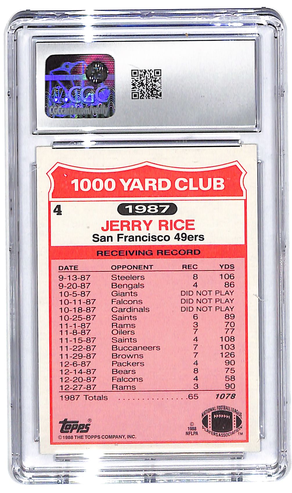 1988 Jarry Rice Topps 1000 Yard Club #4 CGC Mint 9