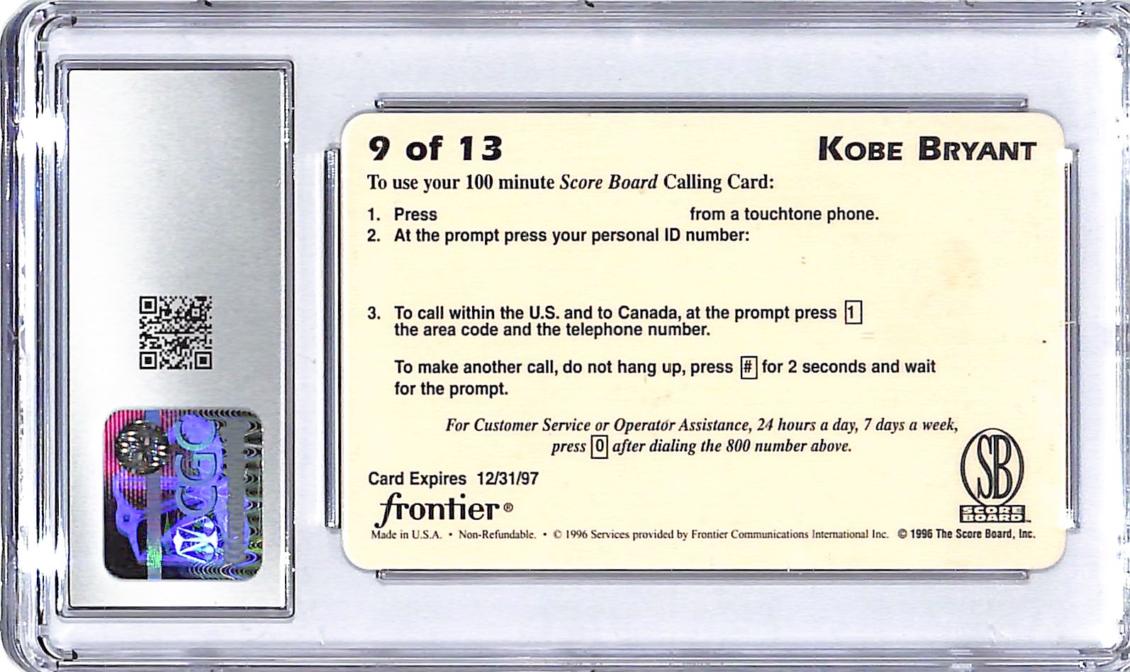 1996 Kobe Bryant Score Board Phone Card $100 #9 CGC Mint 9
