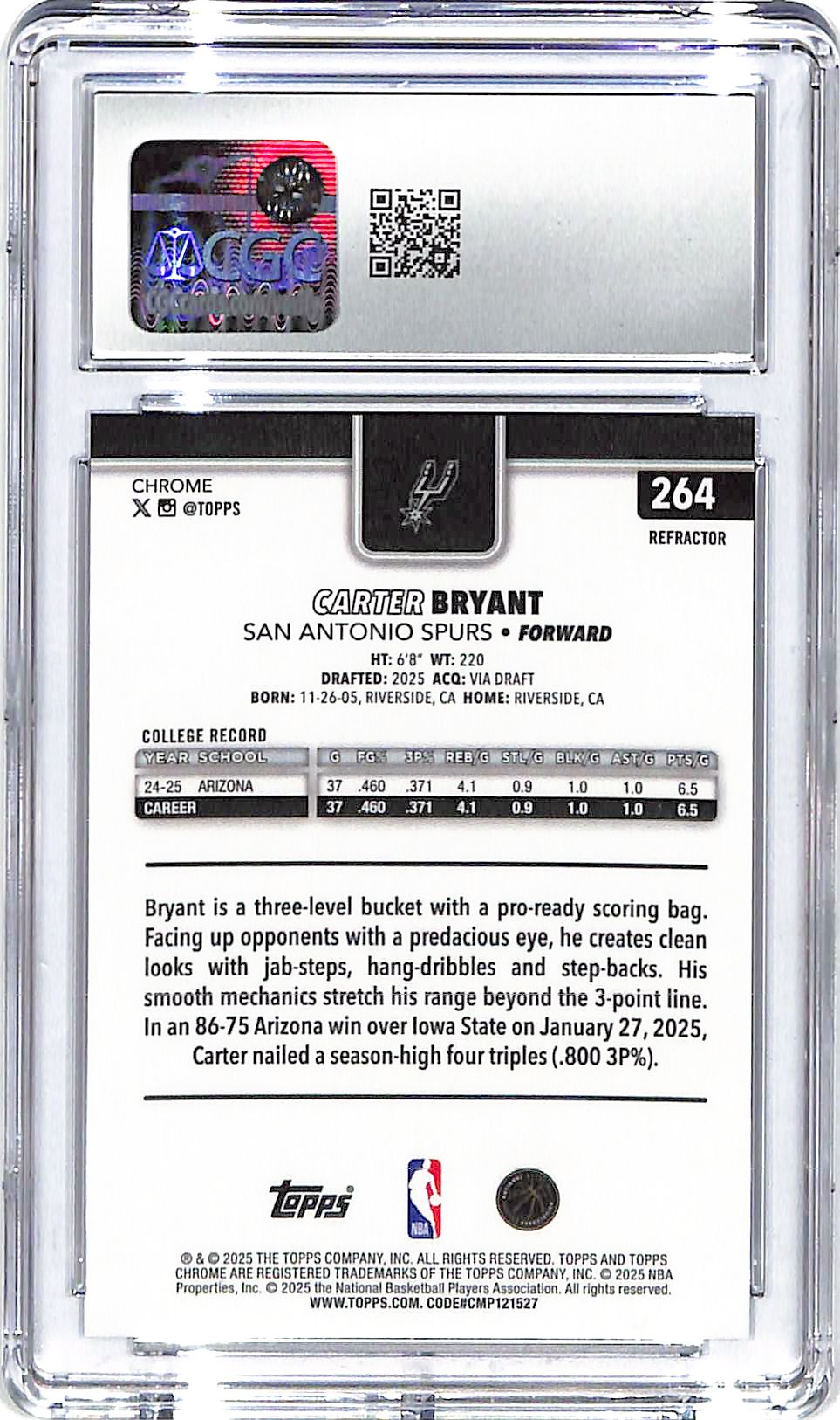 2025-26 Carter Bryant Topps Chrome Refractor #264 CGC Gem Mint 10