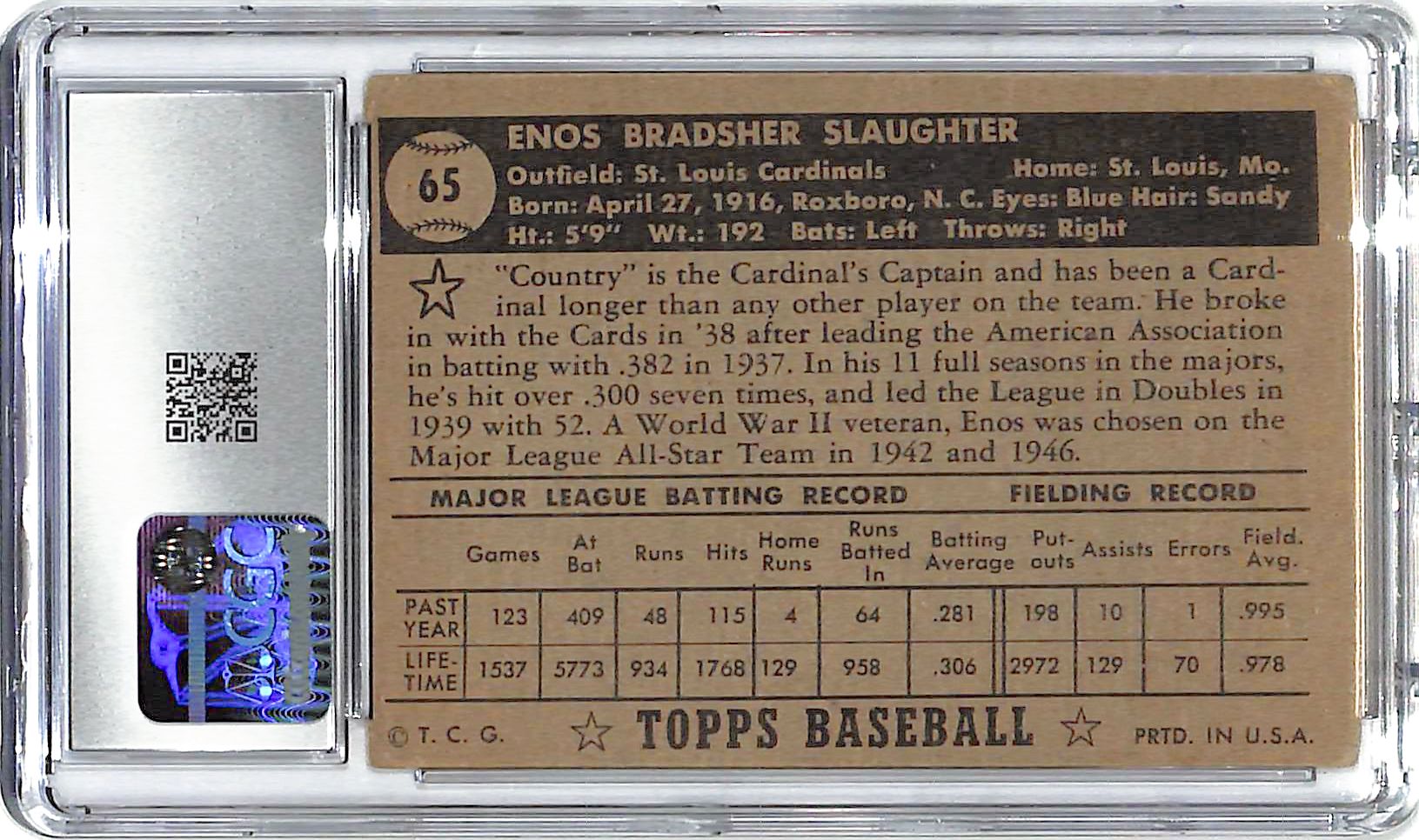 1952 Enos Slaughter Topps #65 CGC Very Good 3
