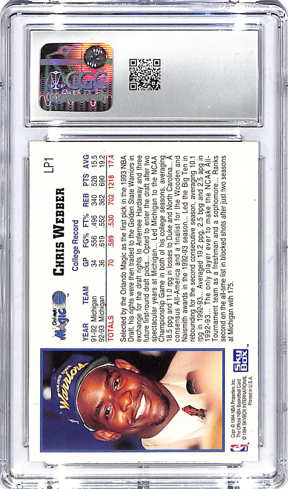 1993-94 Chris Webber Hoops Draft Redemption #LP1 CGC Mint 9