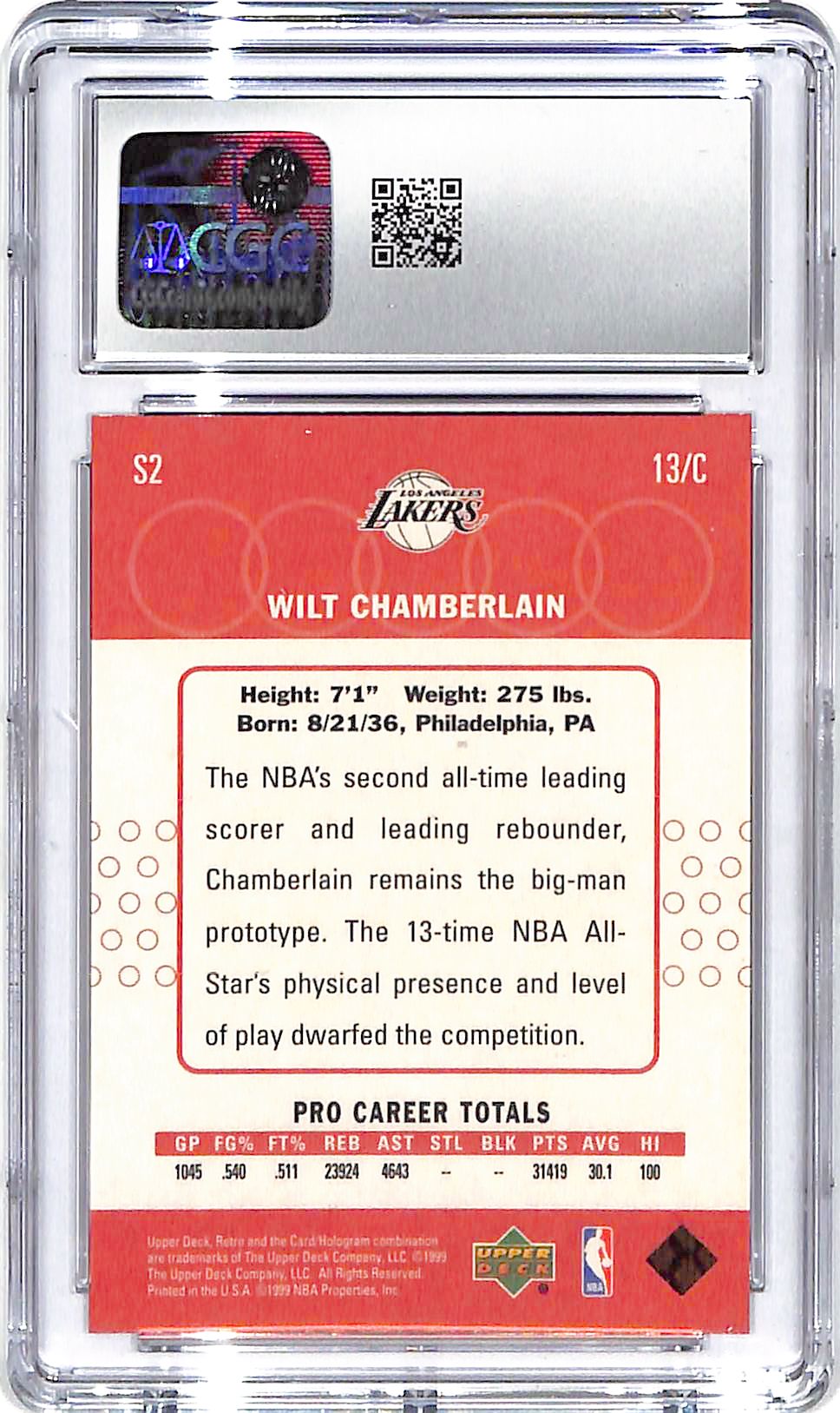 1999-00 Wilt Chamberlain Upper Deck Retro Old/New School #S2 CGC Gem Mint 10