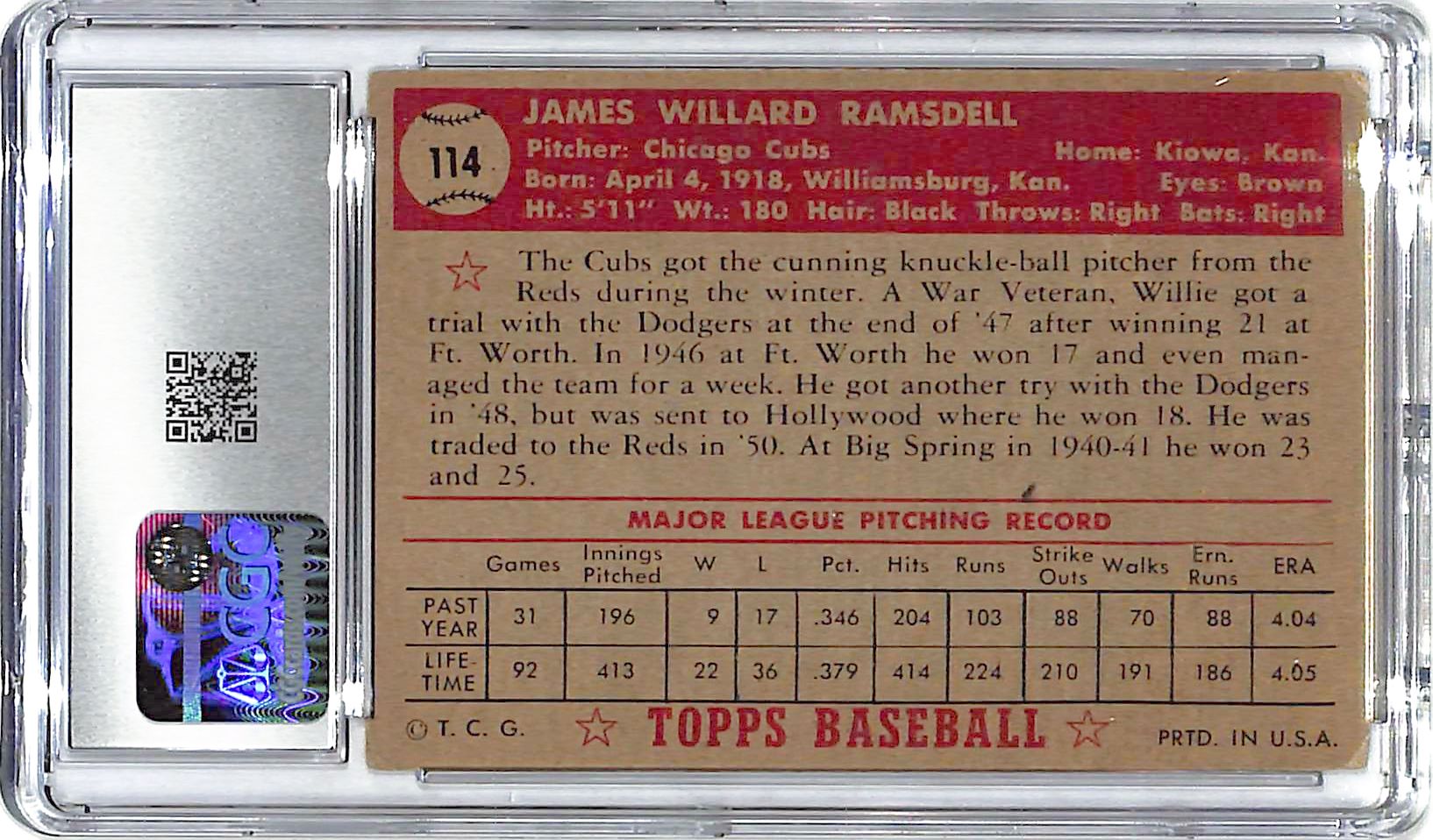 1952 Willard Ramsdell Topps #114 CGC Very Good 4