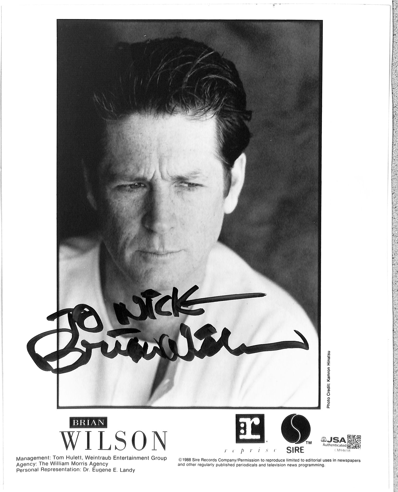 Brian Wilson Beach Boys Signed Photo JSA Authentic
