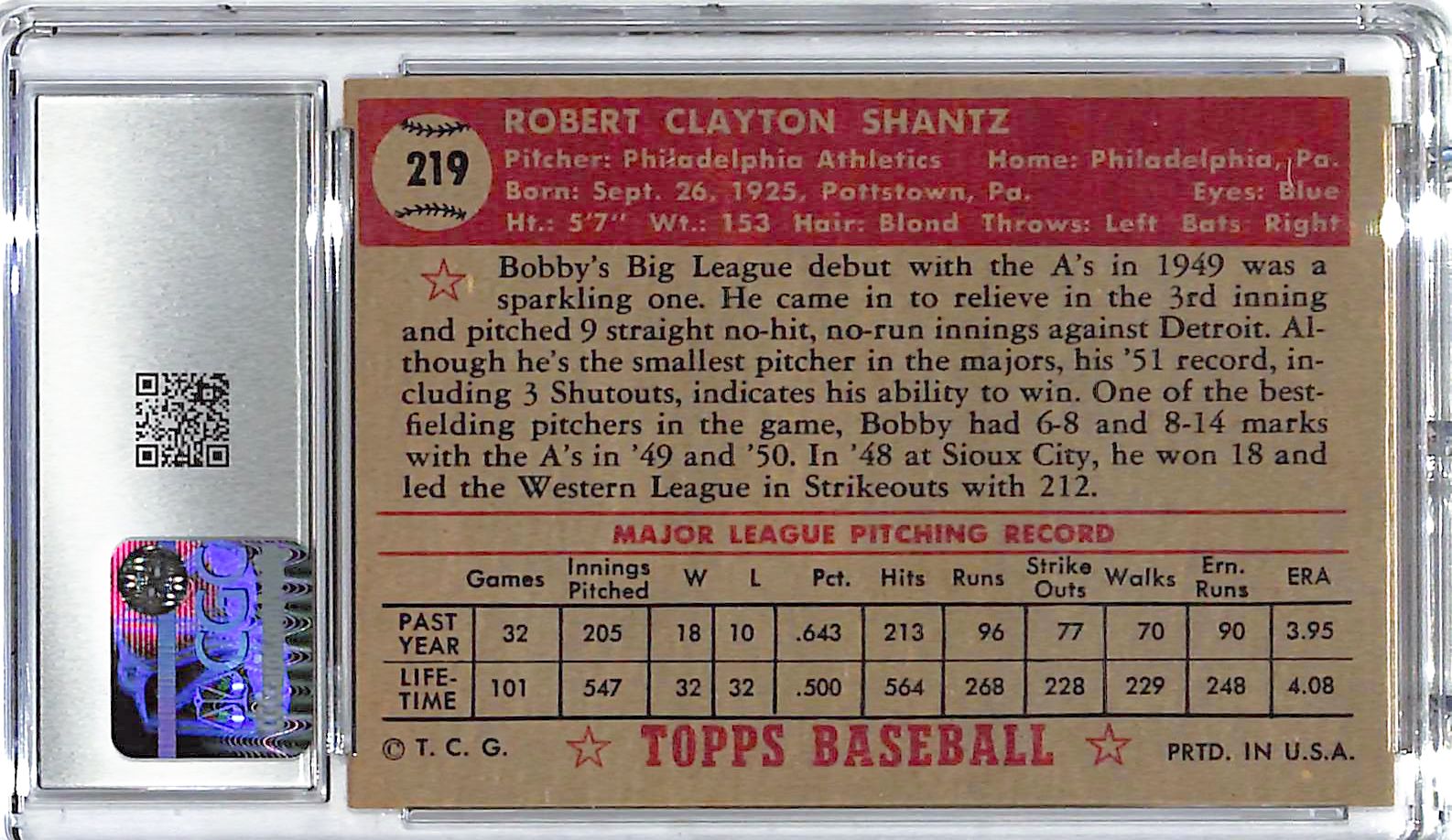 1952 Bobby Shantz Topps #219 CGC Excellent 5