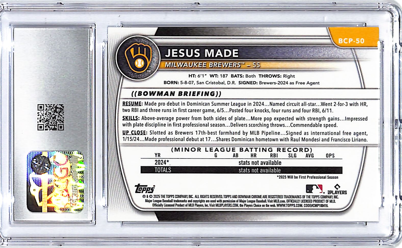 2025 Bowman Chrome Prospects Jesus Made Rookie RC CGC 10 Brewers
