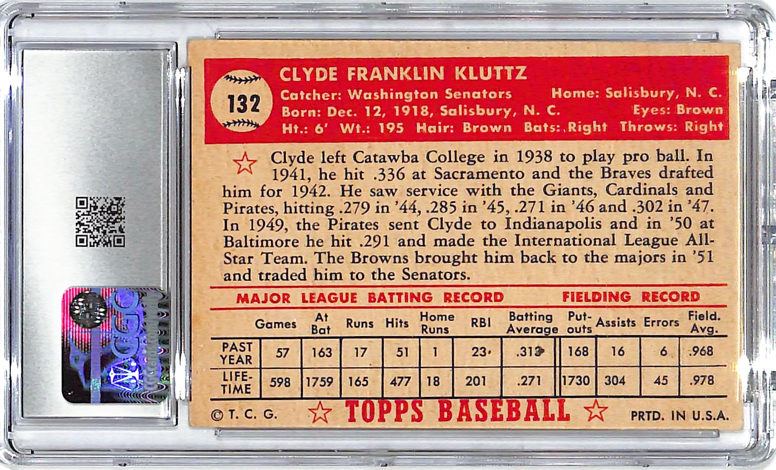1952 Cyde Kluttz Topps #132 CGC Excellent 5