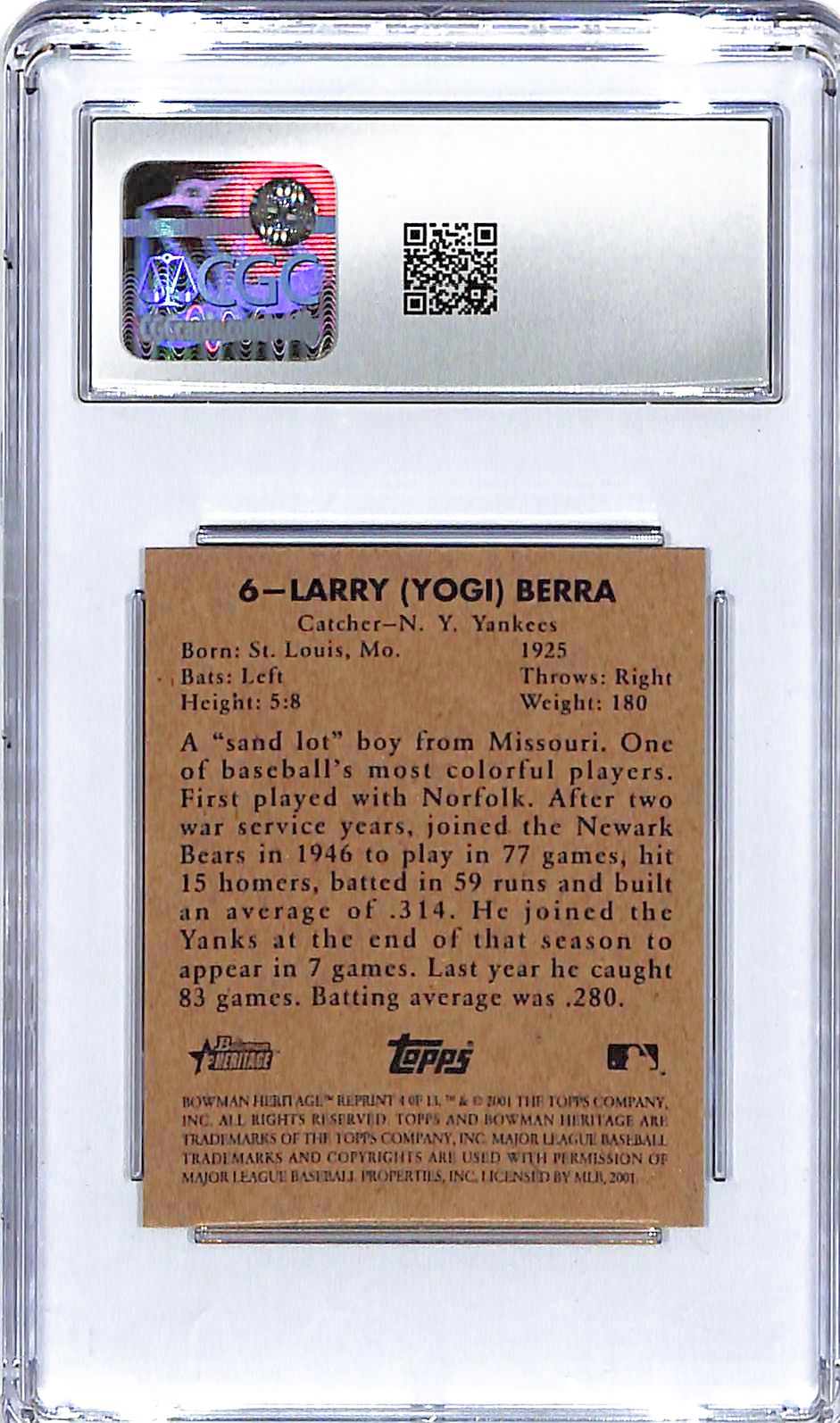 2001 Yogi Berra Bowman Heritage '48 Reprints #4 CGC Gem Mint 10