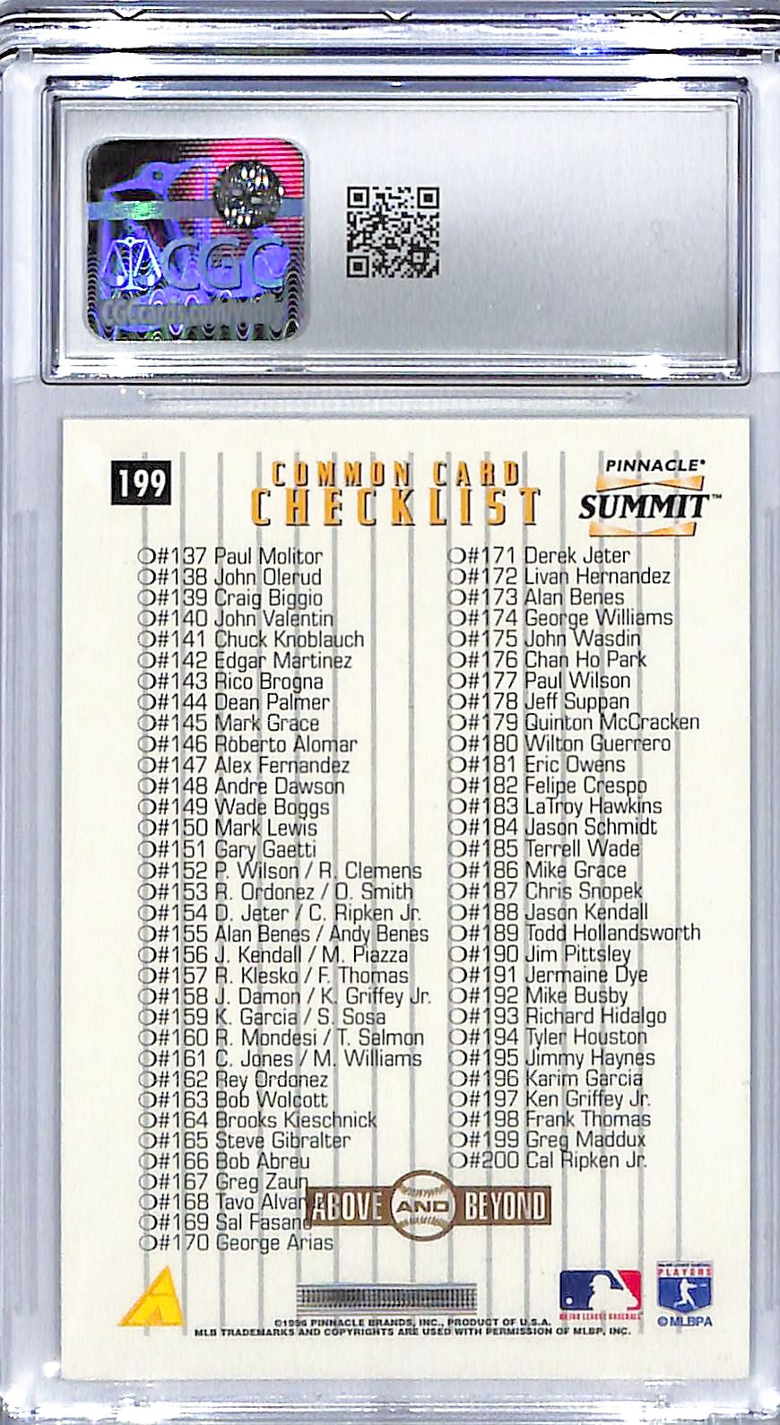 1996 Greg Maddux Pinnacle Summit Above and Beyond #199 CGC Gem Mint 10
