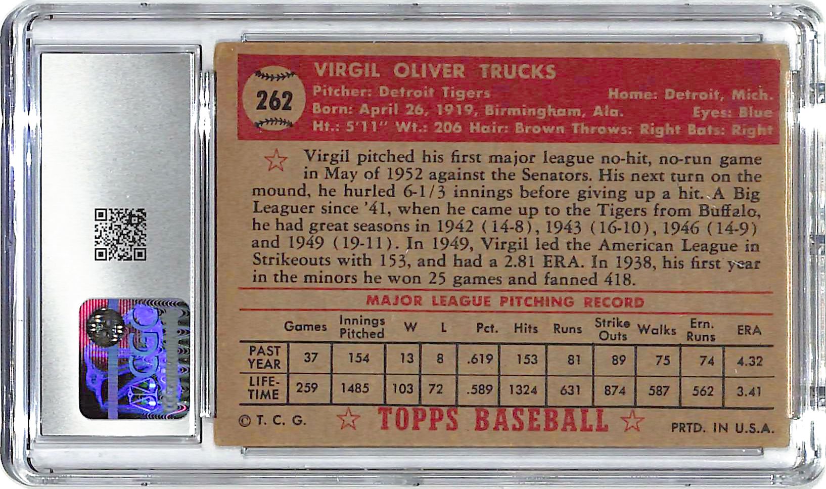 1952 Virgil Trucks Topps #262 CGC Very Good 4