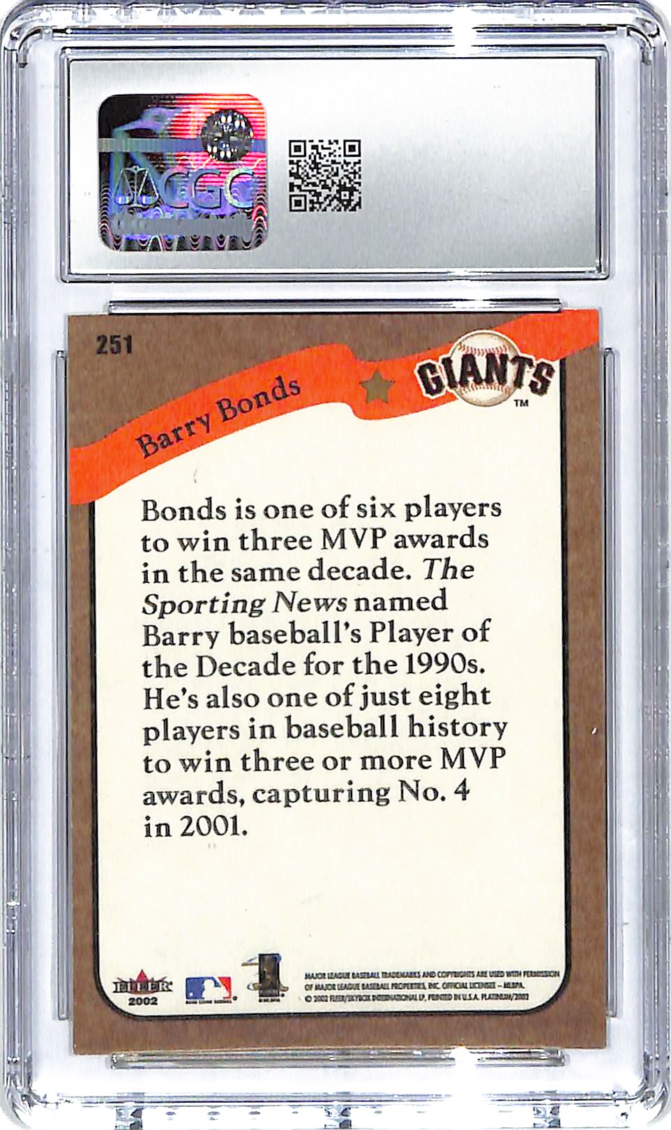 2002 Barry Bonds Fleer Platinum #251 CGC Gem Mint 10