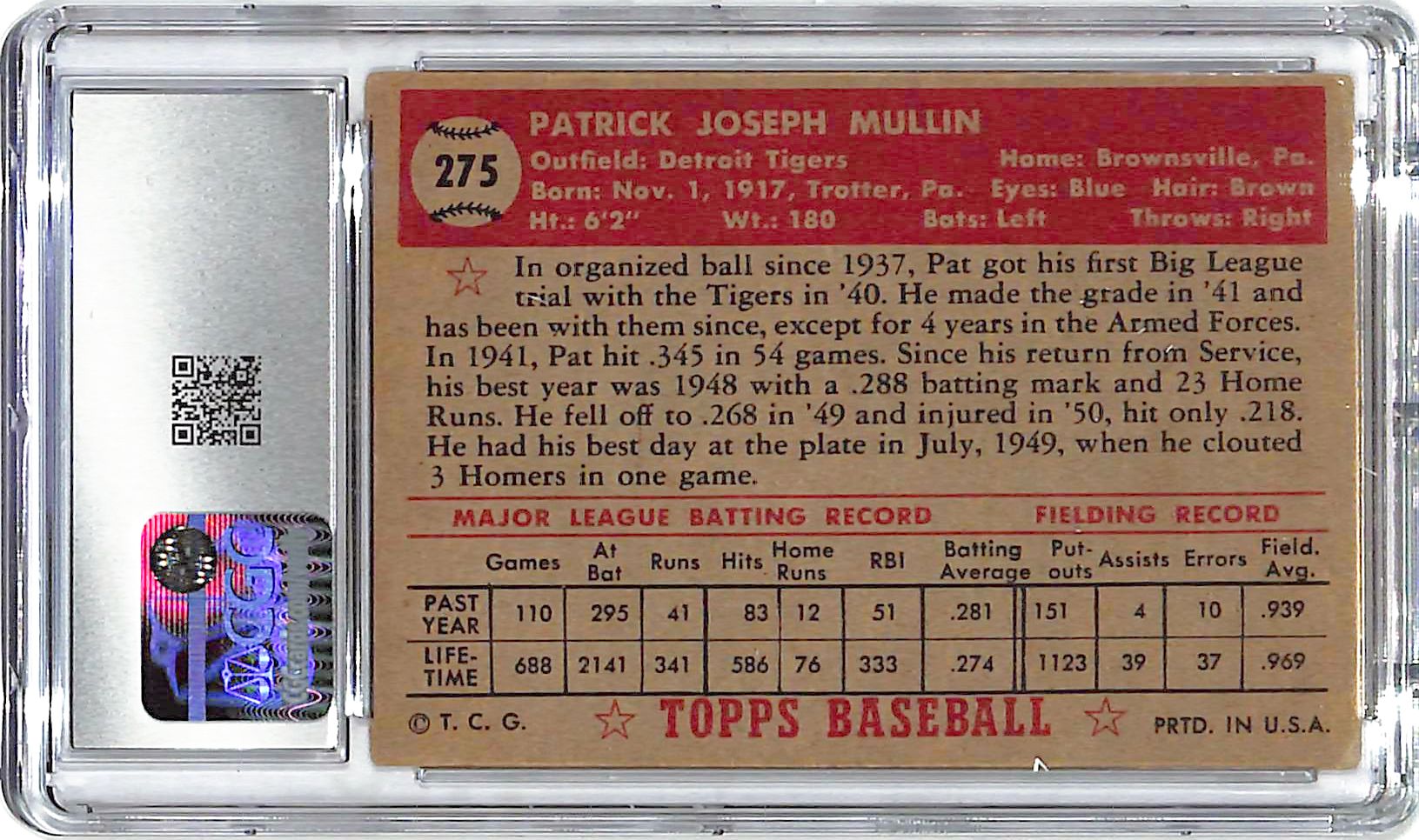 1952 Pat Mullin Topps #275 CGC Very Good 4