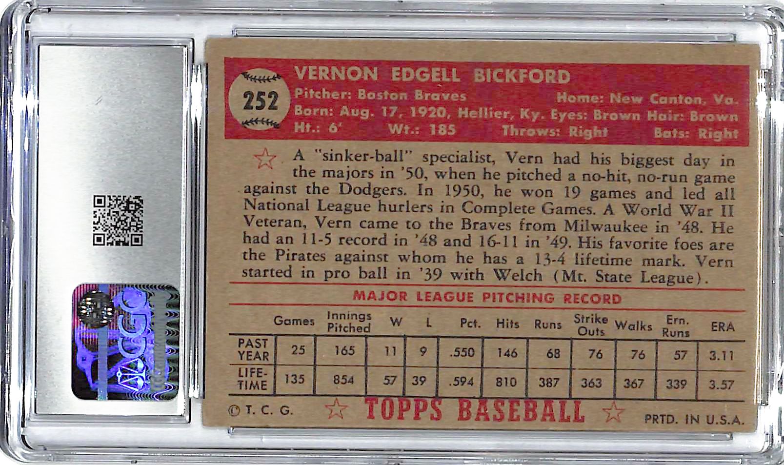 1952 Vern Bickford Topps #252 CGC Very Good 4
