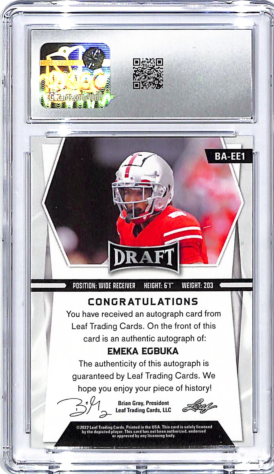 2022 Leaf Draft Emeka Egbuka Auto Autograph Rookie RC CGC 10 Ohio State