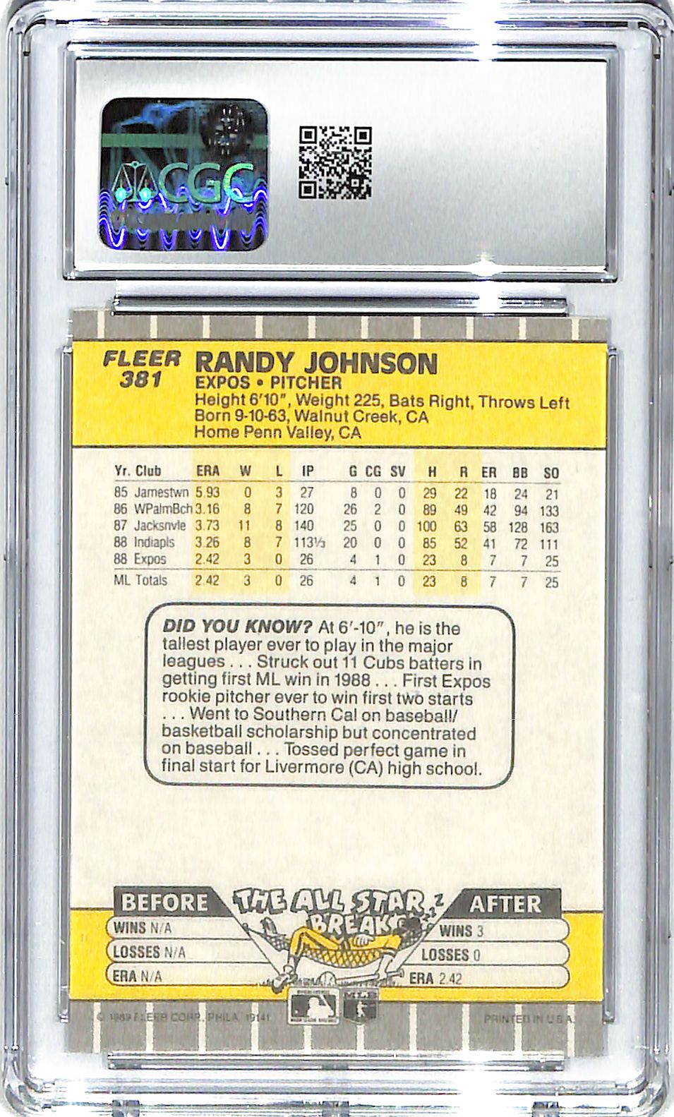 1989 Randy Johnson Fleer Ad Blacked Out #381 CGC Mint Plus 9.5