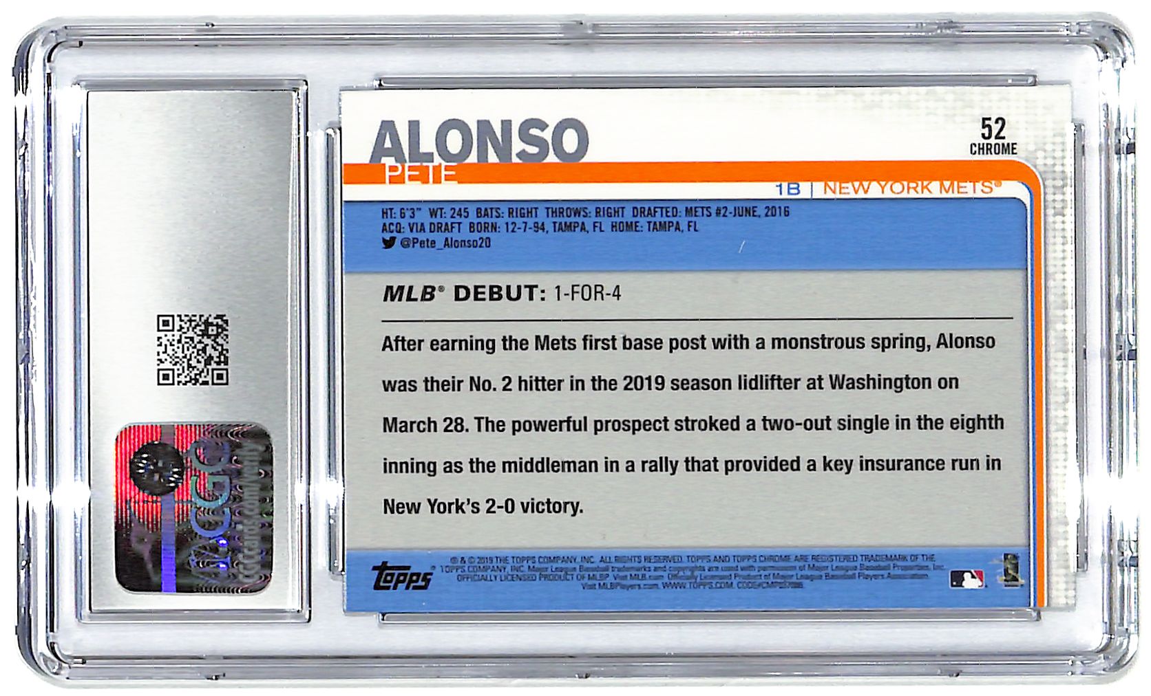 2019 Pete Alonso Topps Chrome Update #52 CGC Mint Plus 9.5