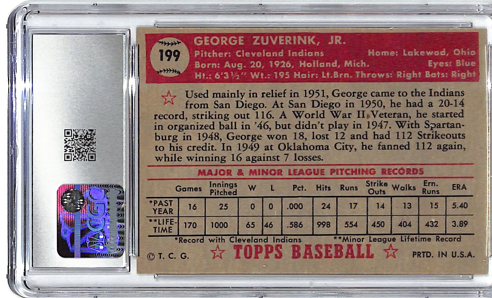 1952 George Zuverink Topps #199 CGC Excellent 5