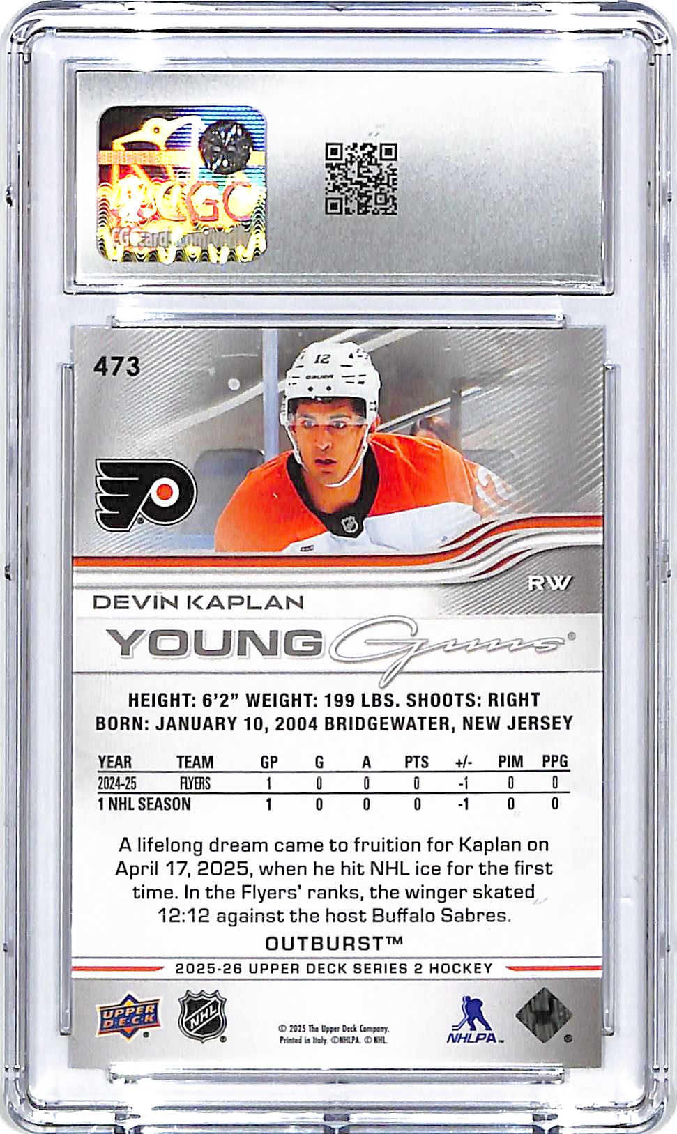 2025-26 Upper Deck Devin Kaplan Young Guns Outburst Silver Rookie RC CGC 10 Flyers