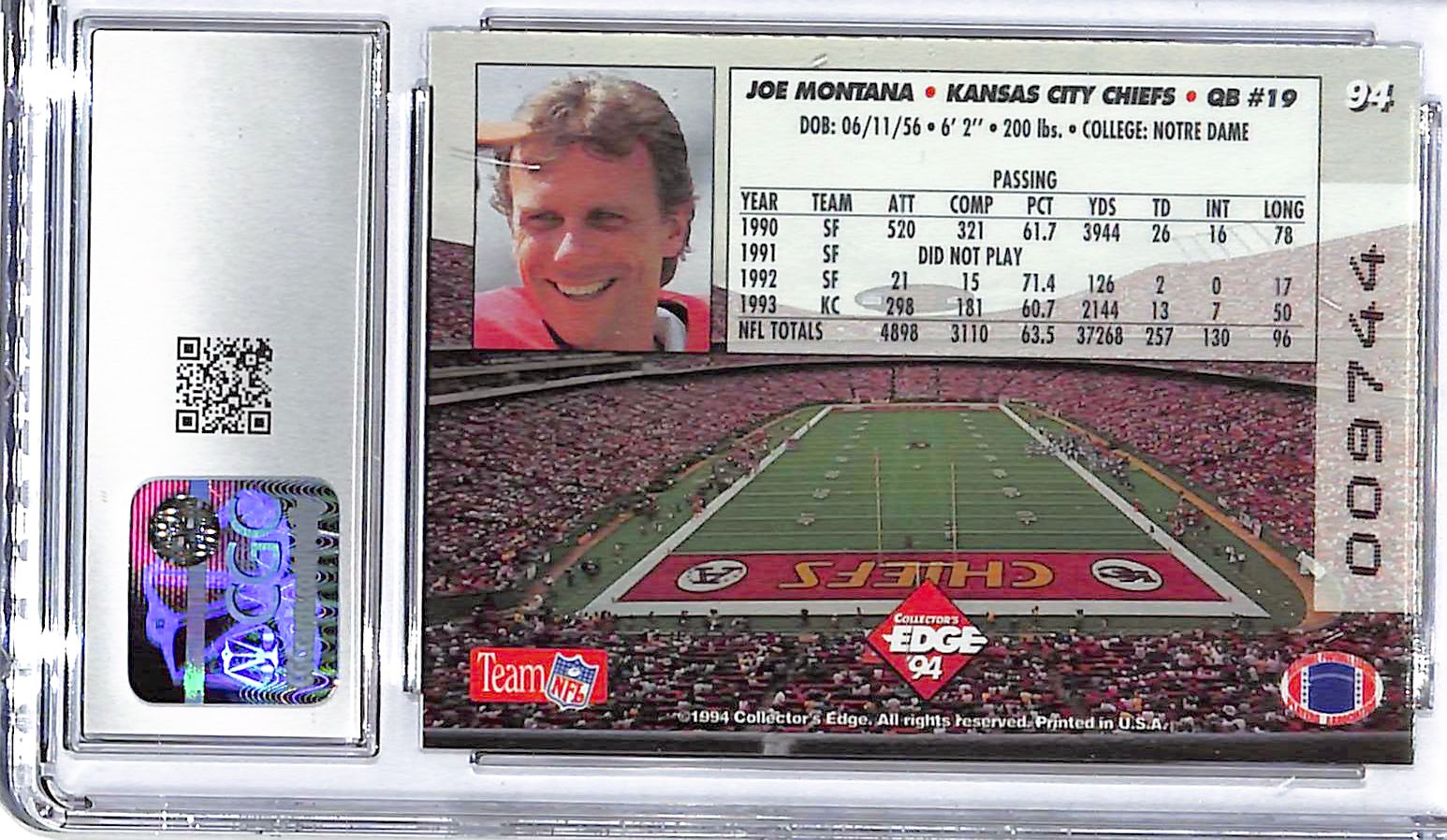 1994 Joe Montana Collector's Edge 1st Day Gold #94 CGC Gem Mint 10