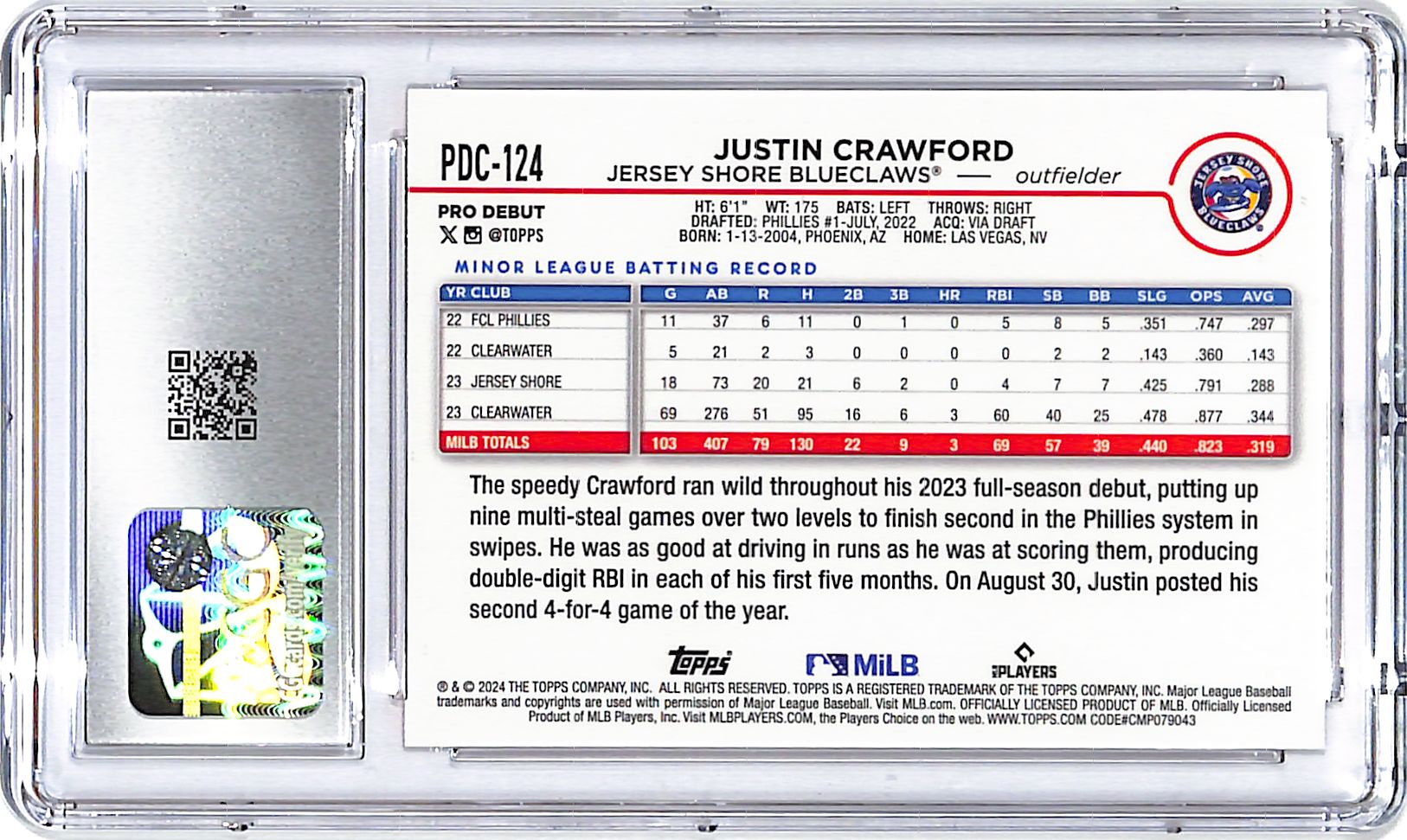 2024 Topps Pro Debut Chrome Justin Crawford Orange Mini Diamond Refractor /25 CGC 10