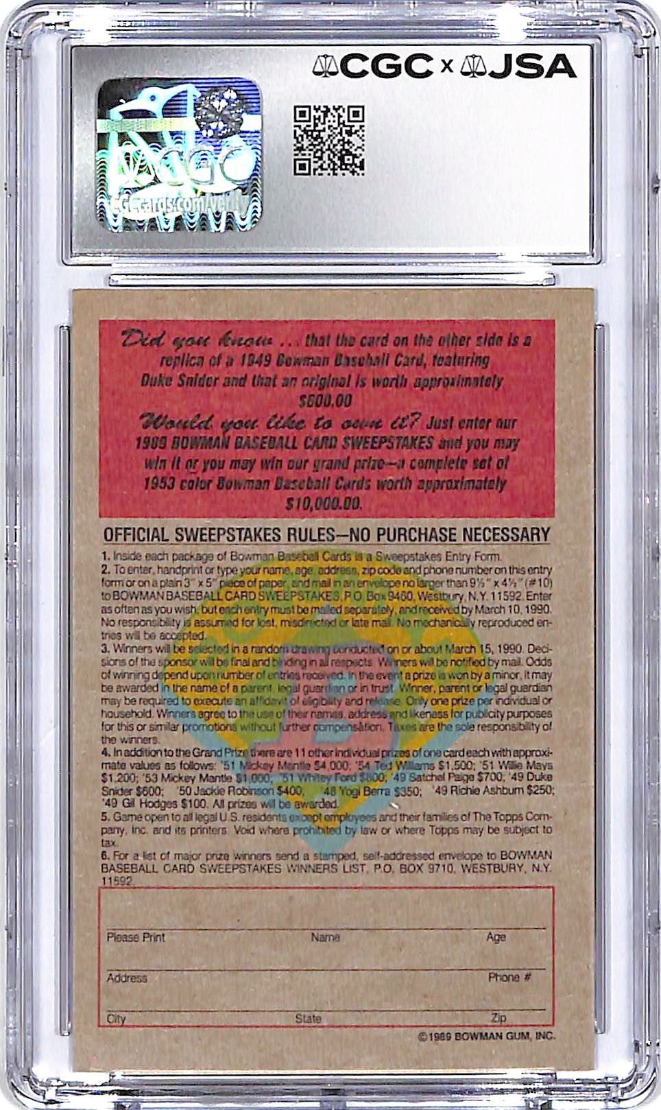 1989 Bowman Duke Snider Reprint Sweepstakes Auto Autograph CGC 8 Authentic Dodgers