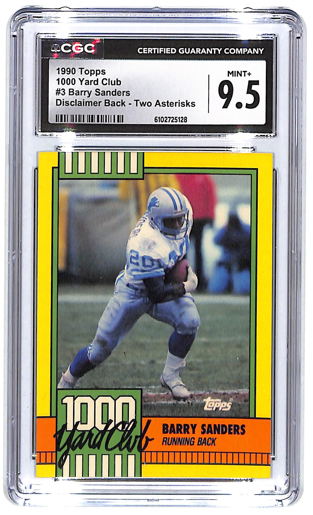 1990 Barry Sanders Topps 1000 Yard Club Disclaimer Back #3 Mint Plus 9.5
