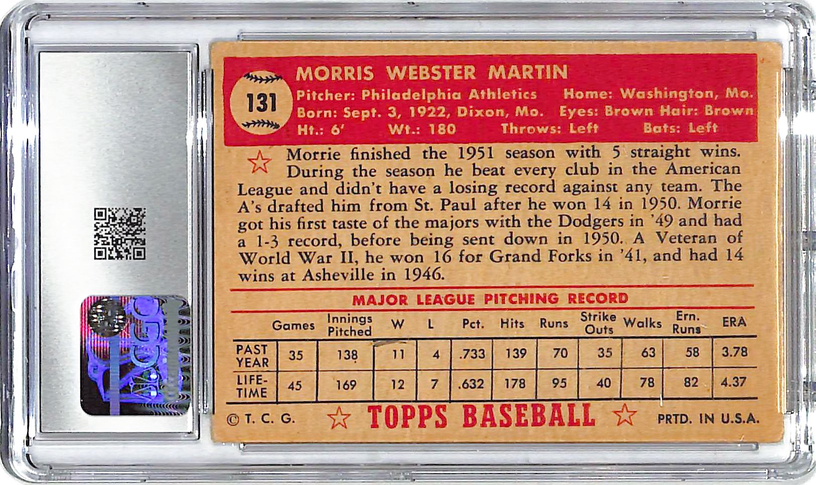 1952 Morrie Martin Topps #131 CGC Very Good 4