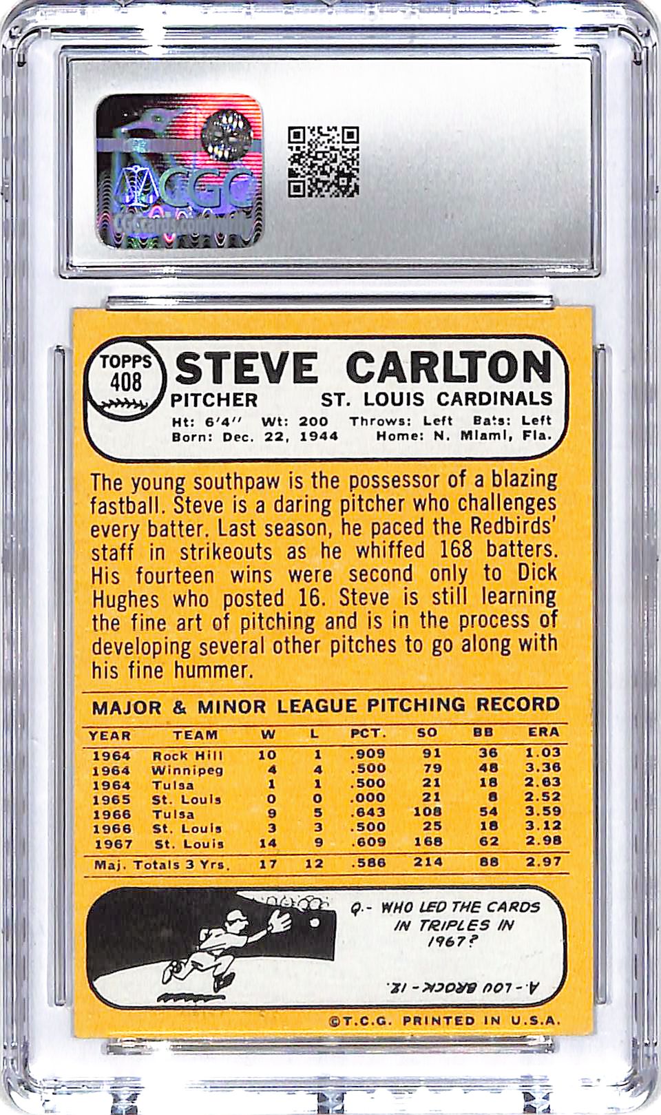 1968 Steve Carlton Topps #408 CGC Very Good 4