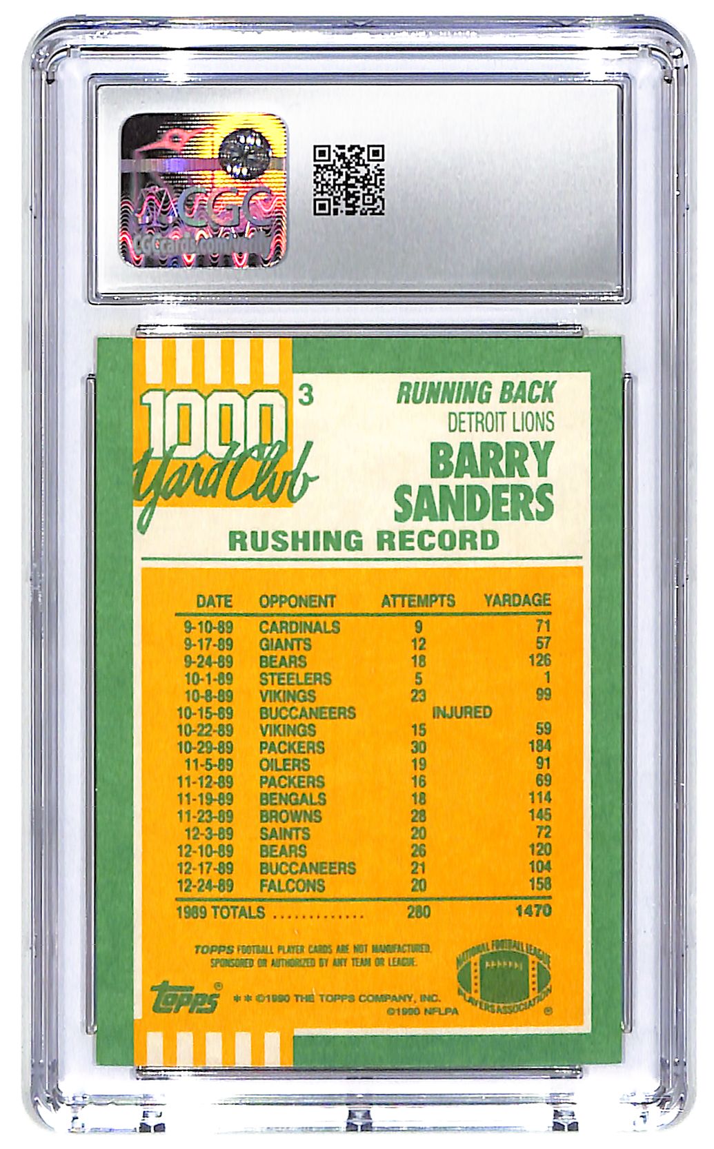 1990 Barry Sanders Topps 1000 Yard Club Disclaimer Back #3 Mint Plus 9.5