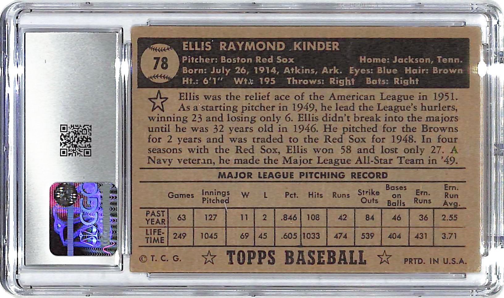 1952 Ellis Kinder Topps #78 CGC Very Good 4