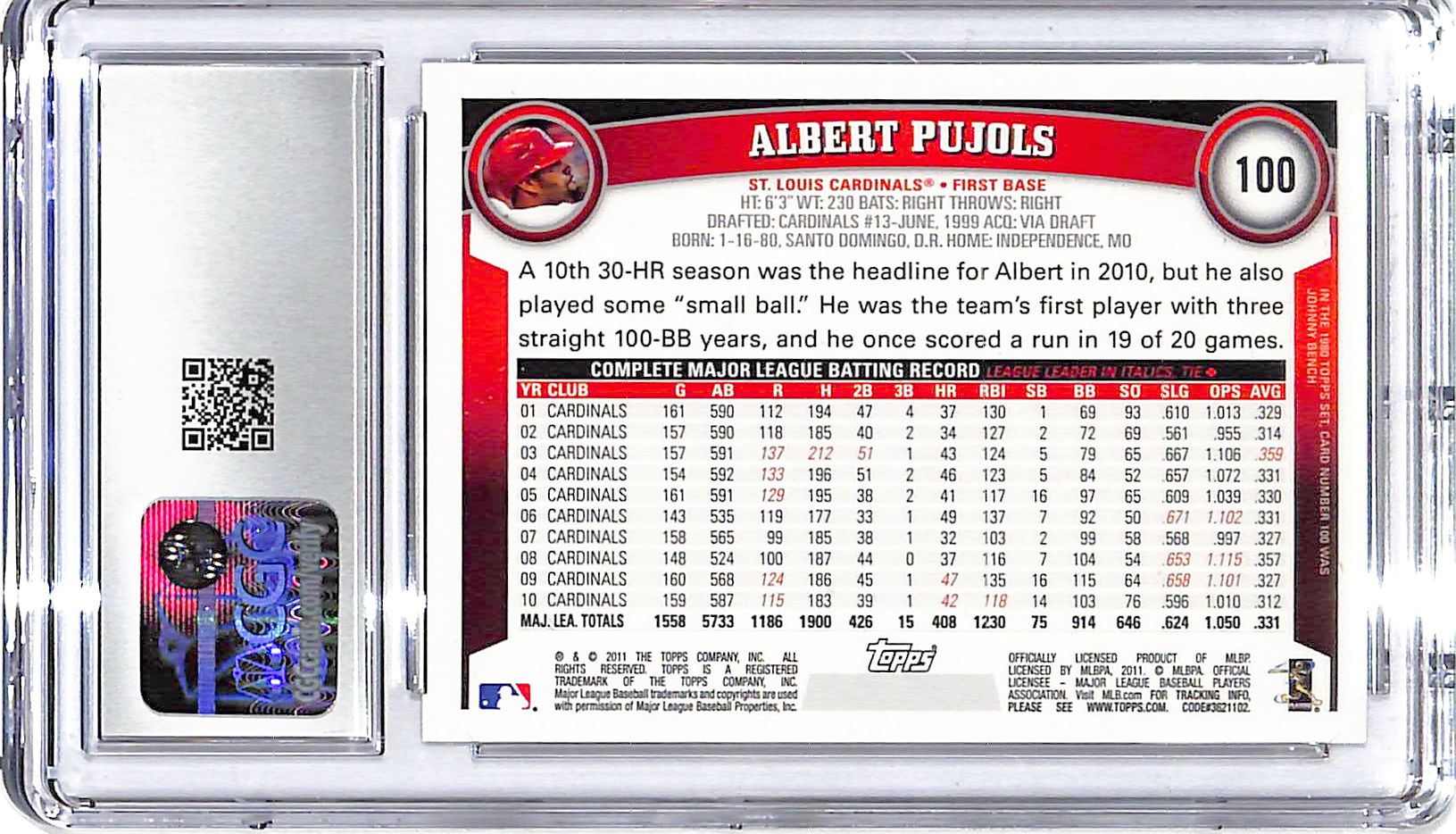 2011 Albert Pujols Topps Cognac Diamond Anniversary #100 CGC Mint Plus 9.5
