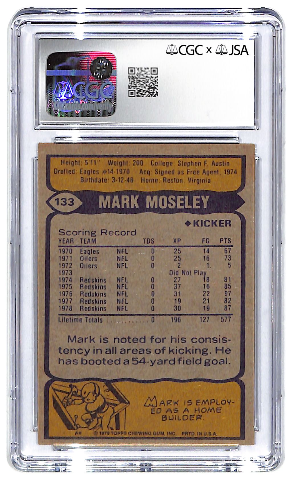 Signed 1979 Mark Moseley Topps #133 CGC Excellent 6 Auto 9