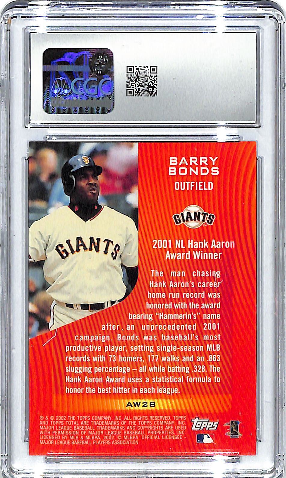 2002 Barry Bonds Topps Total Award Winners #AW28 CGC Gem Mint 10
