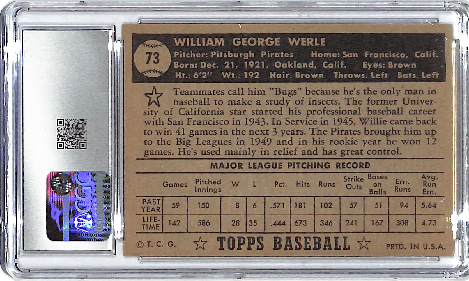 1952 Bill Werle Topps #73 CGC Excellent 5