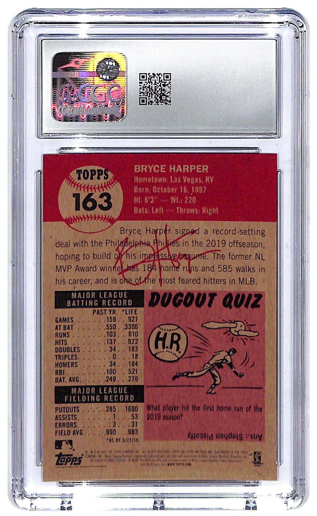 2019 Bryce Harper Topps Living Set - #163 CGC Gem Mint 10