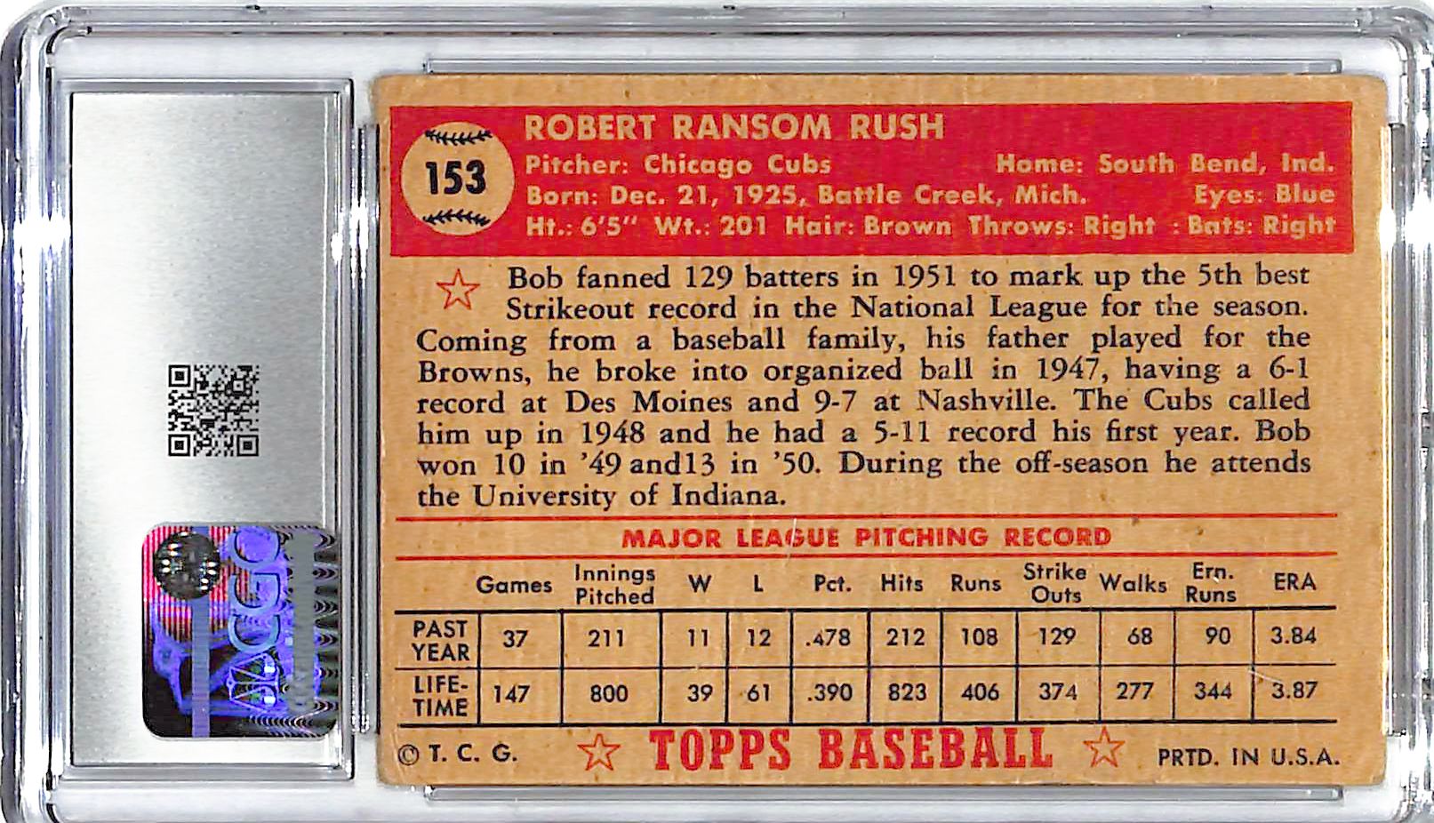 1952 Bob Rush Topps #153 CGC Very Good 3