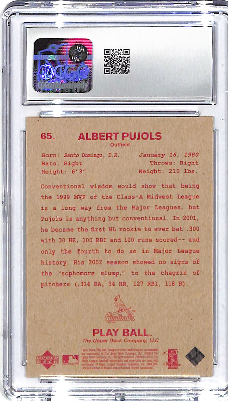 2003 Albert Pujols Upper Deck Play Ball Red Backs #65 CGC Mint 9.5