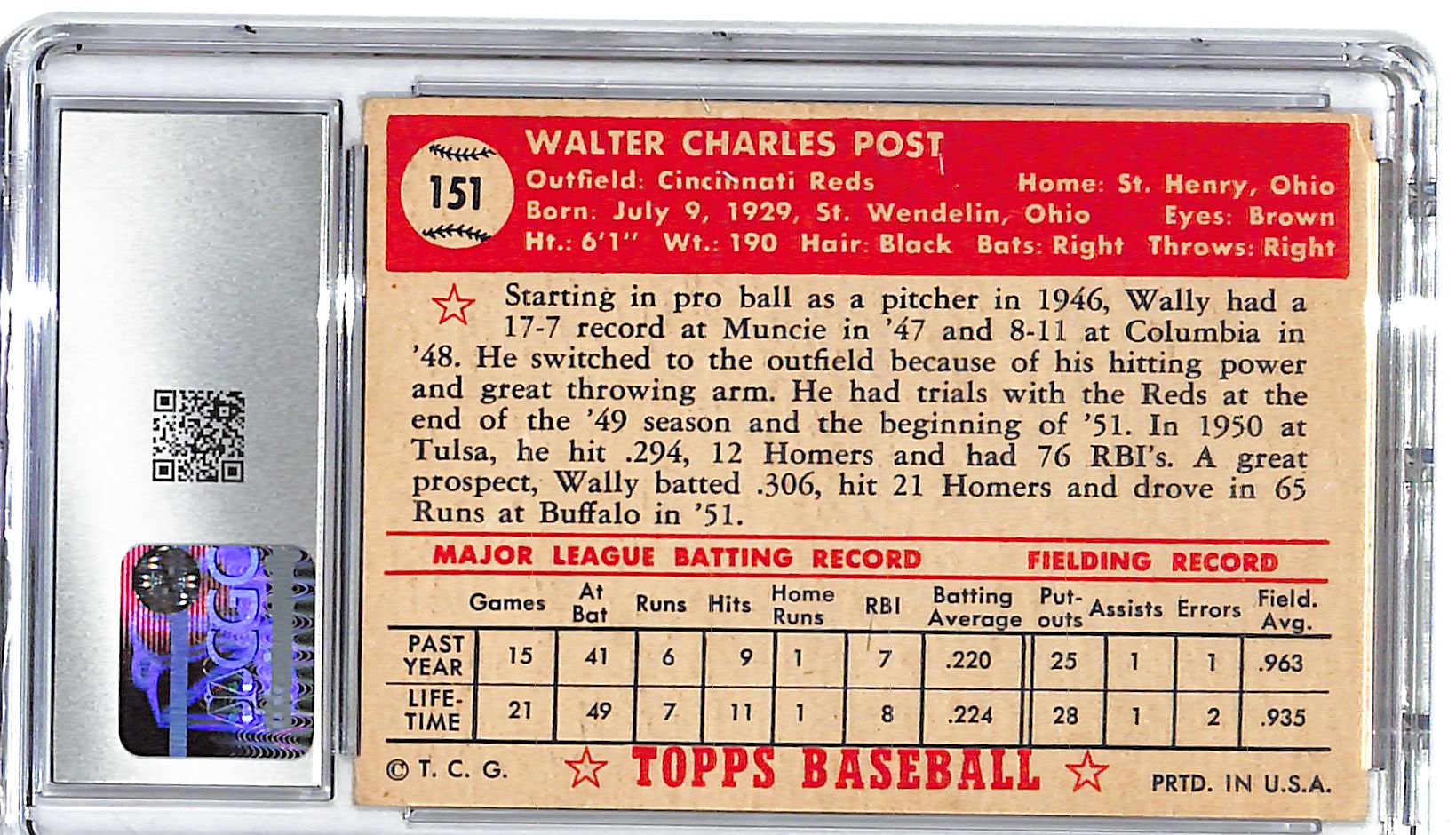 1952 Wally Post Topps #151 CGC Very Good 4.5