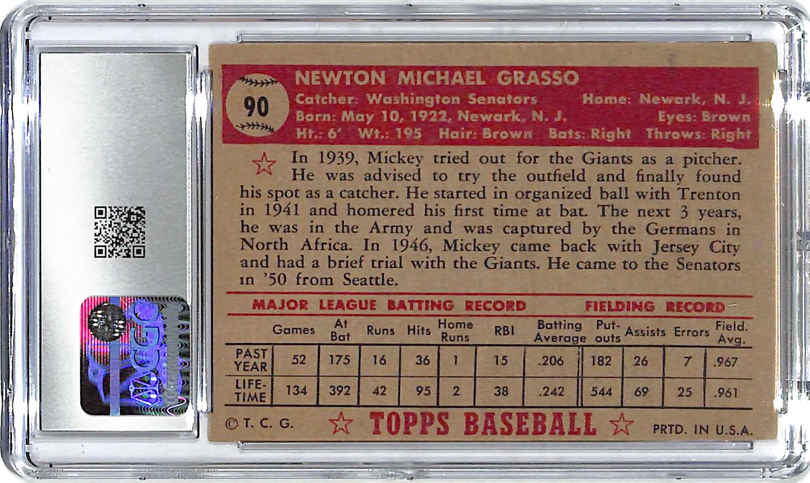 1952 Micky Grasso Topps #90 CGC Very Good 4