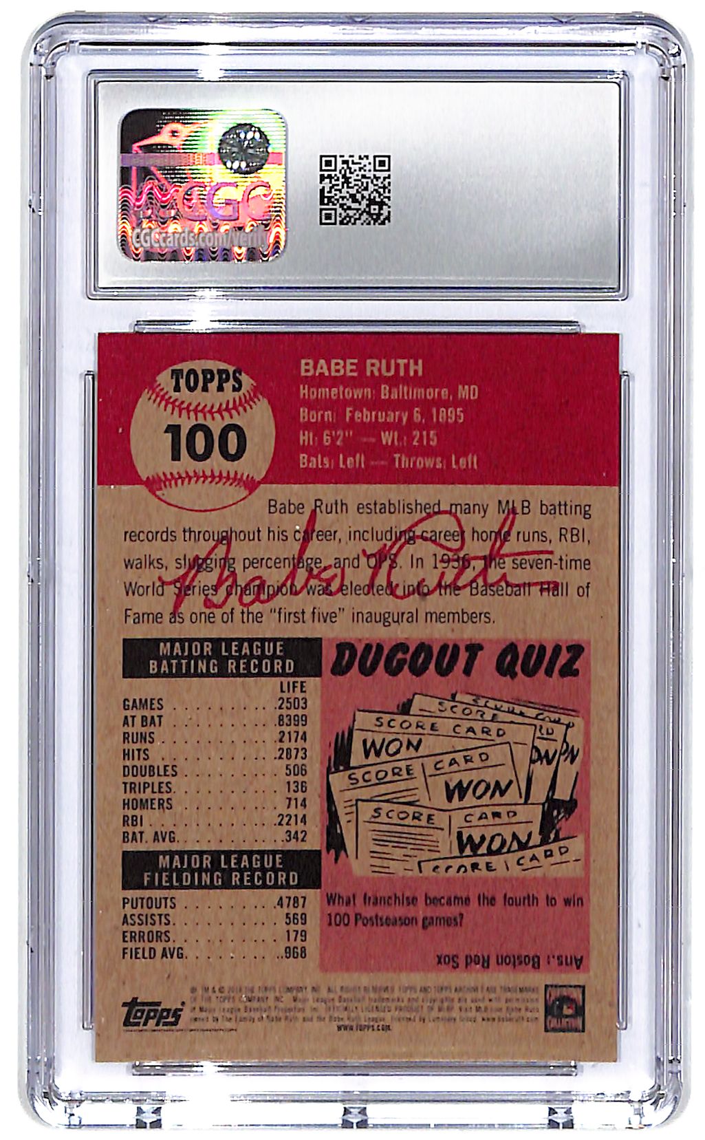 2018 Babe Ruth Topps Living Set - #100 CGC Gem Mint 10