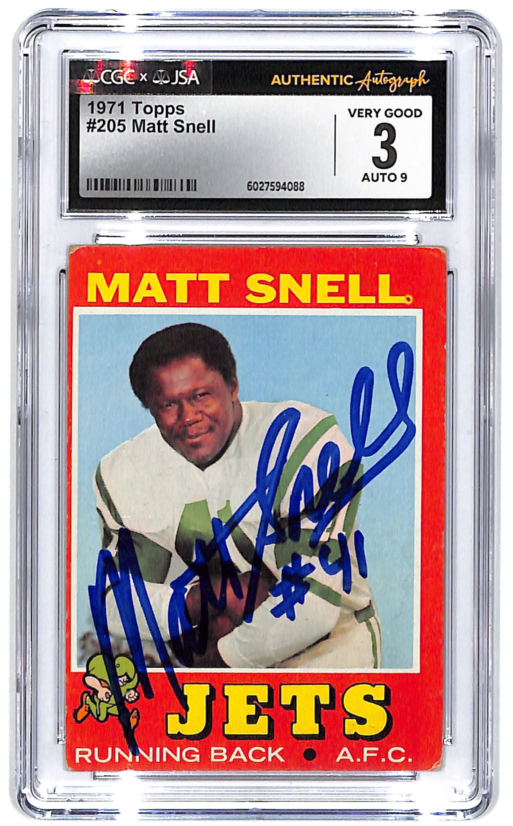 Signed 1971 Matt Snell Topps #205 CGC Very Good 3 JSA Auto 9