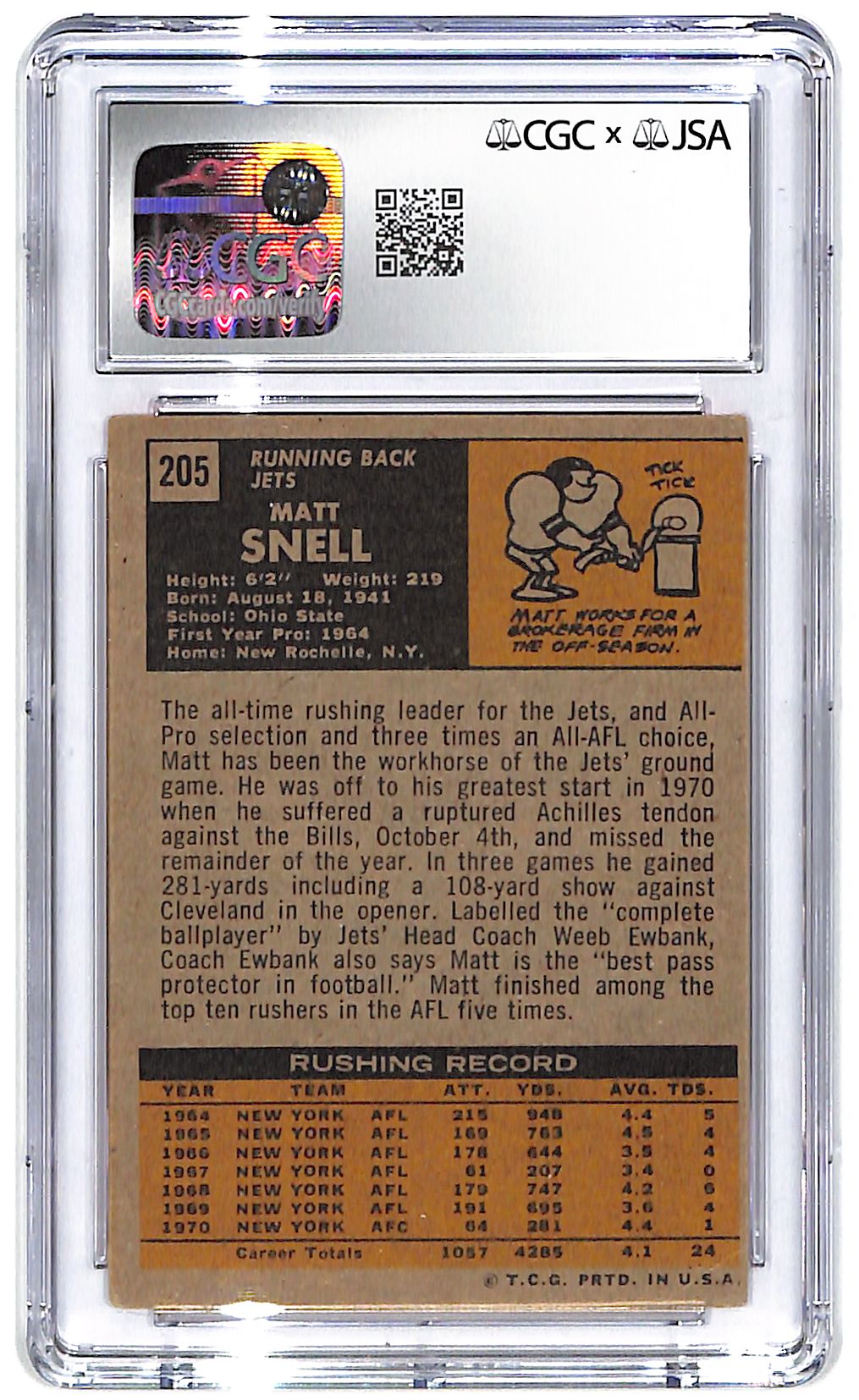 Signed 1971 Matt Snell Topps #205 CGC Very Good 3 JSA Auto 9