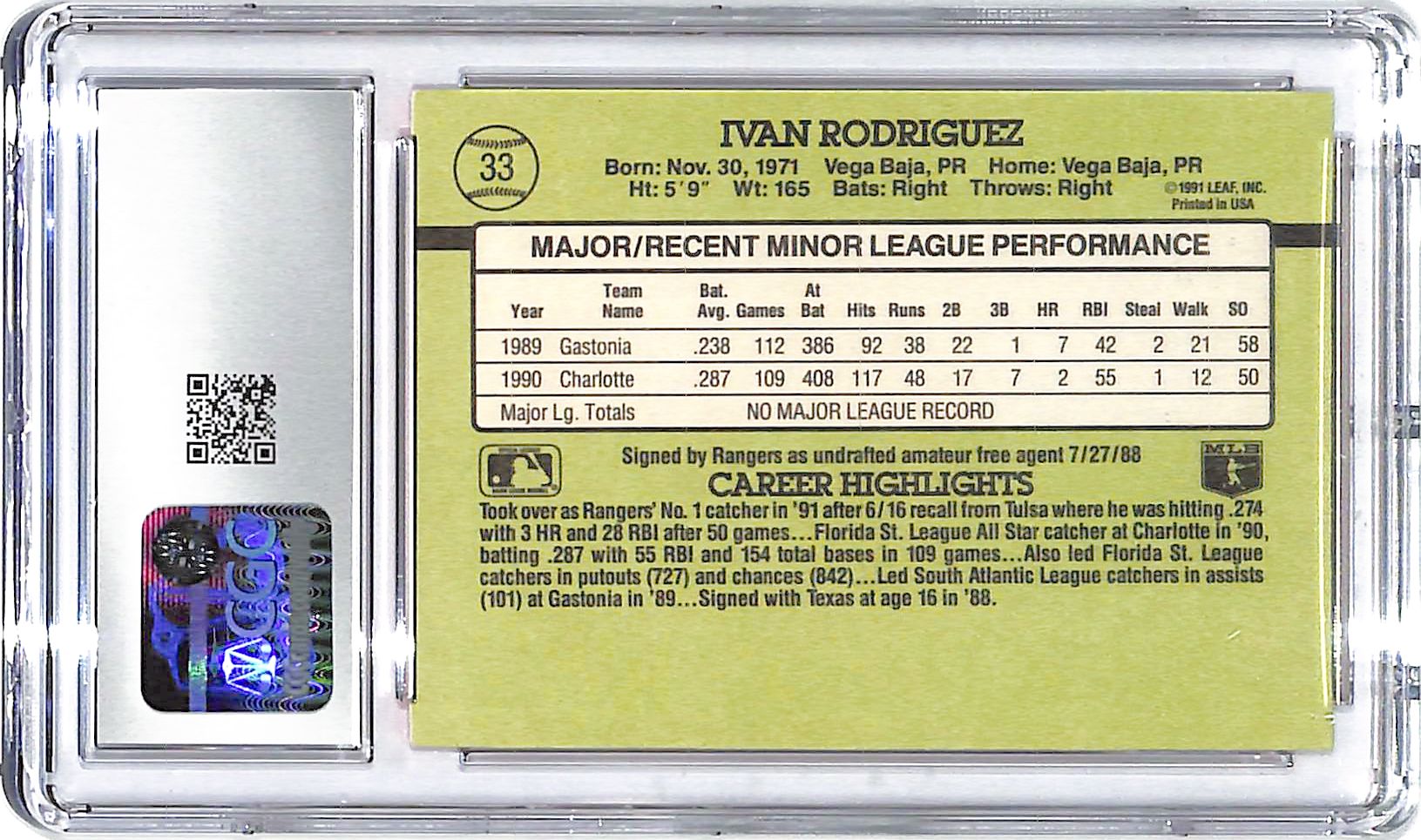 1991 Ivan Rodreiguez Donruss The Rookies #33 CGC Gem Mint 10