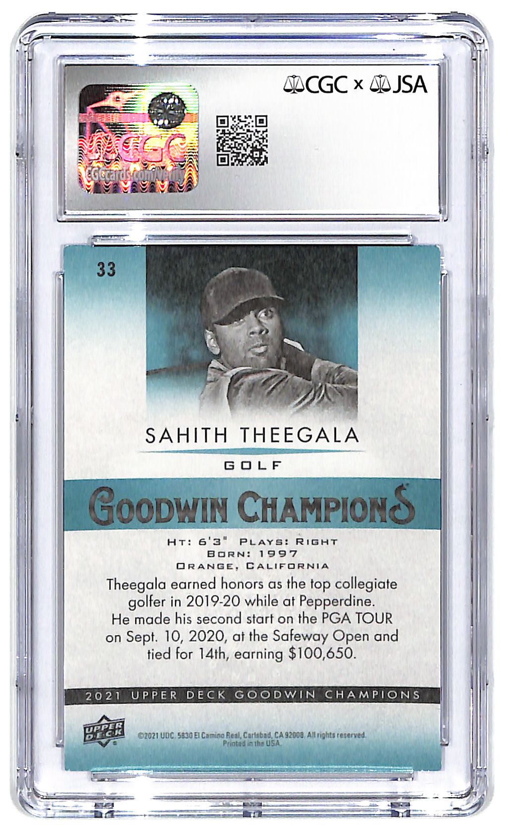 Signed 2021 UD Goodwin Champions #33 Sahith Theegala CGC 8/10 Auto