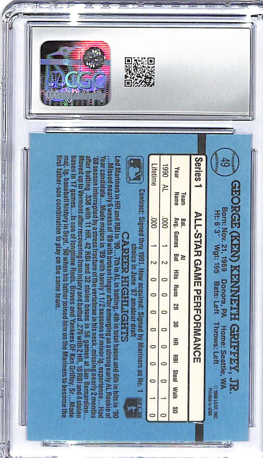 1991 Ken Griffey Jr. Donruss All-Star #49 CGC Gem Mint 10