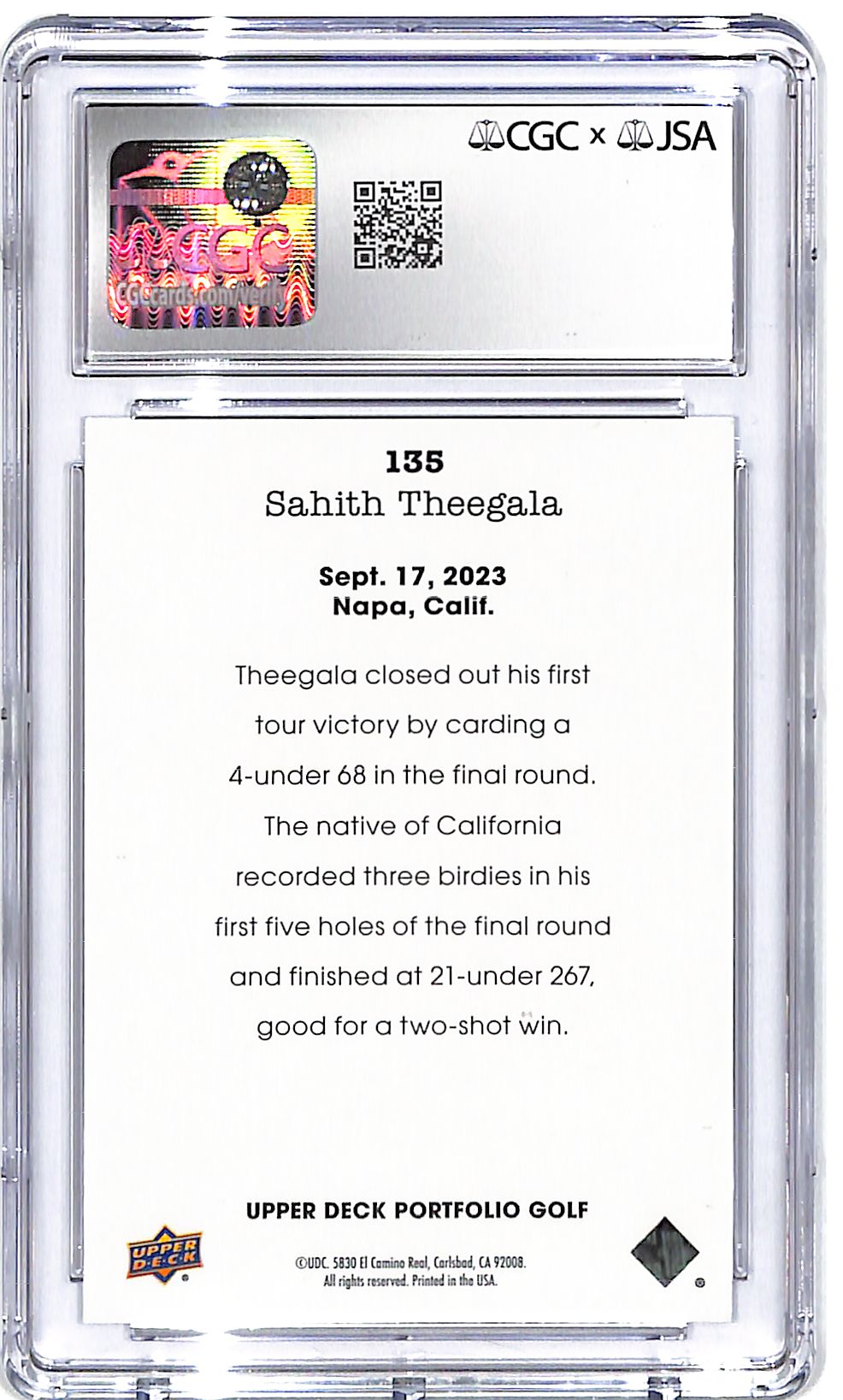 Signed 2024 UD Portfolio Golf #135 Sahith Theegala CGC 10/10 Auto