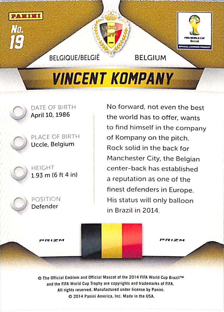 2014 Prizm World Cup Vincent Kompany Red Yellow Pulsar #19 Belgium