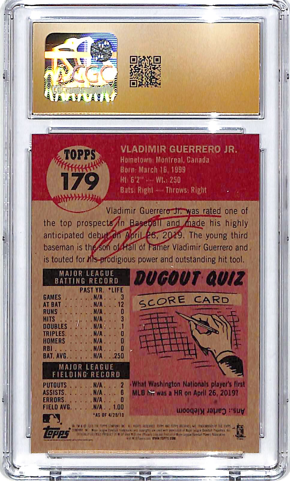 2019 Topps Living Set Vladimir Guerrero Jr Rookie RC #179 CGC 10 Pristine Blue Jays