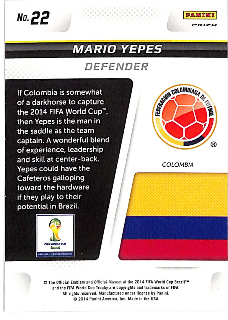 2014 Prizm World Cup Mario Yepes Cup Captains Red Yellow Pulsar #22 Colombia