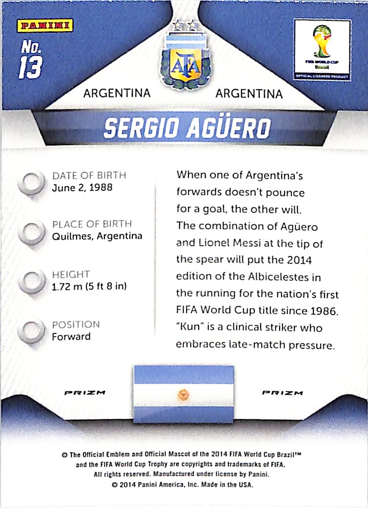 2014 Prizm World Cup Sergio Aguero Red White Blue Power Plaid #13 Argentina